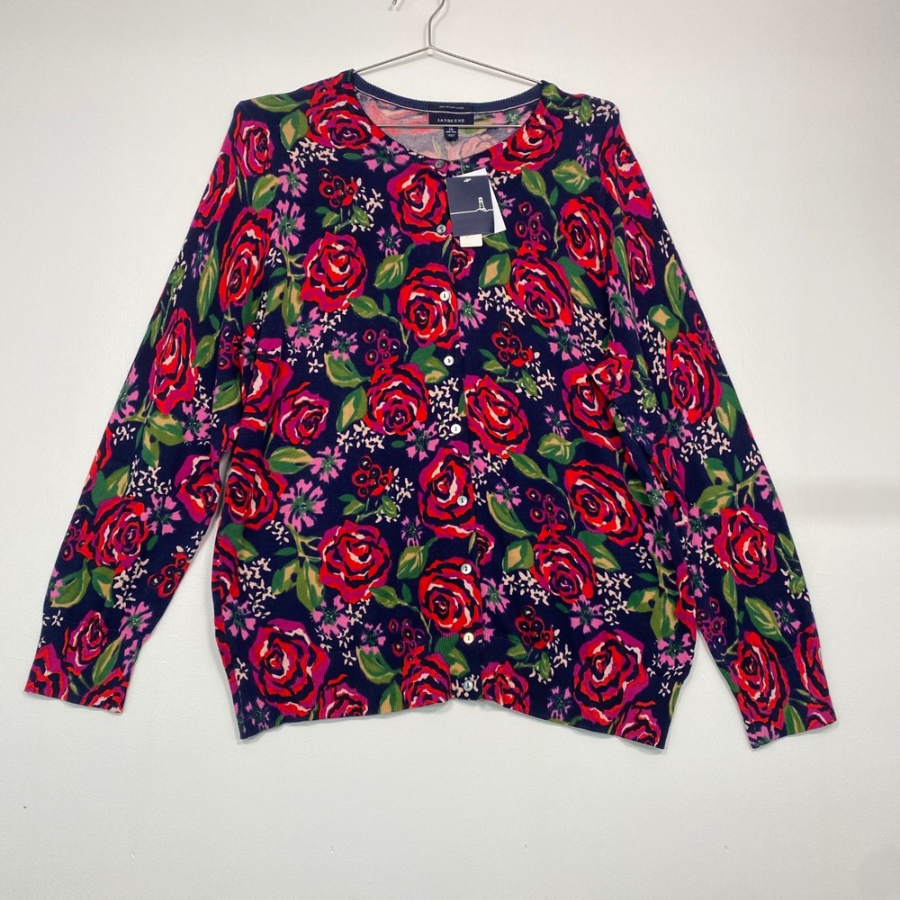 NWT Lands End Women Cardigan 1X Blue Red Floral Rose Supima Cotton Button Front